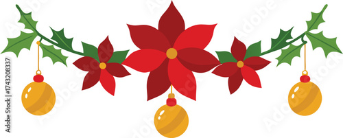 Festive christmas garland with poinsettias golden bells and holly vector illustration scalable eps