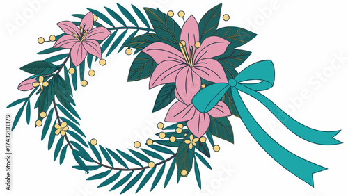 Floral Wreath of Joy: A beautifully illustrated floral wreath, adorned with vibrant lilies, lush greenery and a delicate bow, symbolizes elegance and celebration.