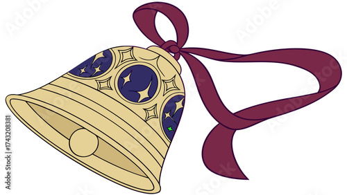 Celestial Bell Adorned with Ribbon: A beautifully illustrated bell, featuring a celestial design with stars and adorned with a delicate ribbon, evokes a sense of wonder and festivity. 