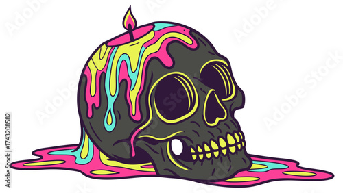 Memento Mori Candle: A thought-provoking illustration of a candle shaped like a skull, with vibrant, melting wax symbolizing the ephemeral nature of life and the passage of time.