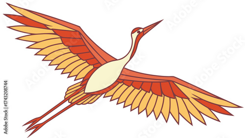 Soaring Crane Illustration: A vibrant illustration of a crane in flight, its wings spread wide against the sky, showcasing elegance and freedom.