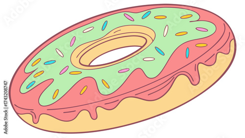 Delicious Doughnut Delight: A whimsical illustration of a sweet and colorful doughnut. The doughnut, decorated with vibrant frosting and sprinkles, entices with its playful aesthetic.