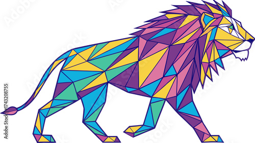 The Majestic Colorful Lion: A bold illustration of a lion rendered in vibrant polygonal style, exuding strength and beauty. Every angle creates an artful tapestry of color.