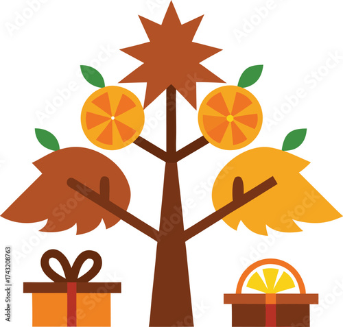 Rustic tree decorated with pinecones and dried oranges festive autumn illustration vector