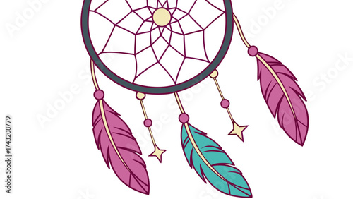 Dreamcatcher Symbol: A meticulously crafted dreamcatcher with delicate web patterns, colorful feathers, and symbolic star beads, set against a clean background.