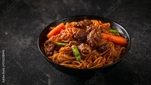 Savory beef noodles with carrots and peppers stewed beef