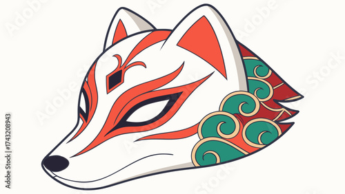 Kitsune Mask Illustration: A vibrant illustration of a Kitsune mask, embodying the cultural richness of traditional Japanese artistry and myth.