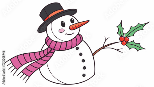 Festive Snowman: A charming snowman wearing a stylish top hat and scarf, holds a sprig of holly, celebrating winter's joy with a friendly smile.