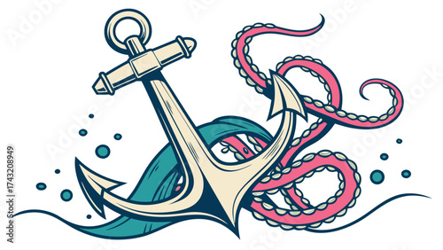 Nautical Anchor and Kraken: A captivating illustration of a nautical anchor intertwined with the tentacles of a kraken, embodying the mystique and power of the sea.