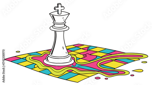 Strategic Transformation: A solitary king chess piece stands on a vibrant chessboard, the game of strategy, intellectual.
