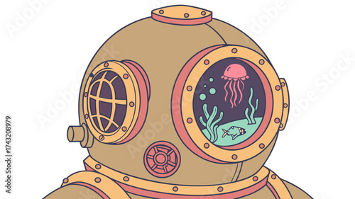 Antique Diving Helmet: A detailed illustration of a vintage diving helmet showcases its intricate design, offering a window into a vibrant underwater world with marine life and colorful coral.