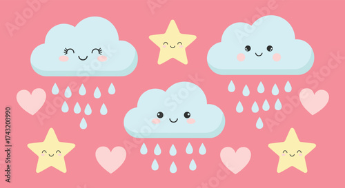 Cute cartoon clouds with smiling faces and falling raindrops and stars.