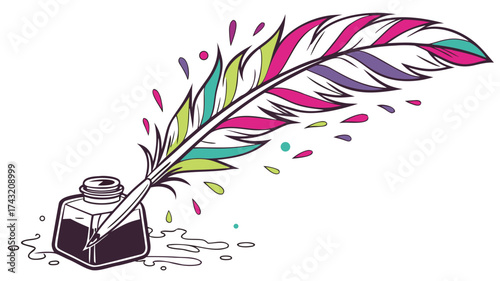 Ink and Quill's Artistic Flair: A vibrant, artistic representation of an inkwell and quill pen, bursting with color and creative energy, perfectly illustrating the essence of writing and design.