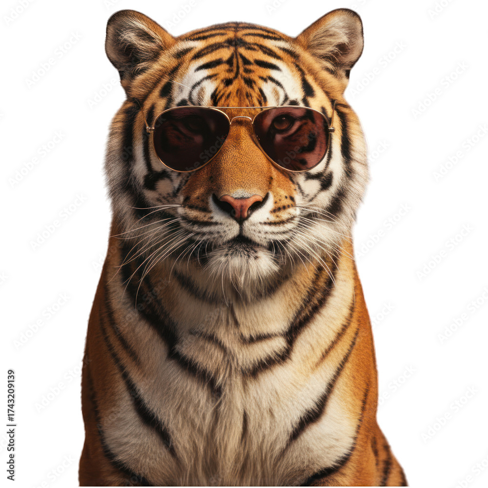 Obraz premium Striking portrait of a tiger, gazing forward, sporting sunglasses against a plain background