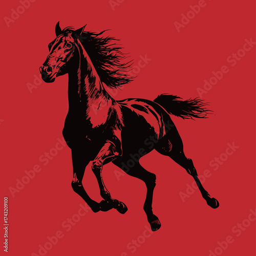 A powerful black horse is galloping energetically against a striking red background. Its mane and tail flow dramatically, capturing a sense of freedom and strength.