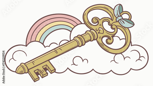 Vintage Key with Rainbow: A beautifully illustrated vintage key, adorned with a ribbon, rests playfully upon a fluffy cloud with a pastel rainbow, creating a sense of whimsy and enchantment.