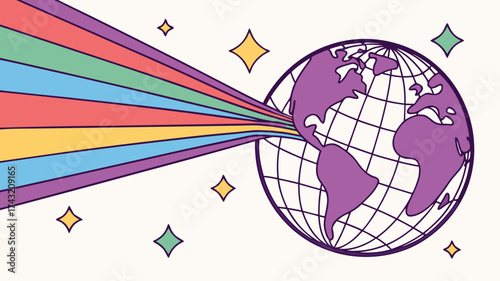 Colorful Earth Illustration: A vibrant illustration showcases a global map radiating a spectrum of rainbow hues, symbolizing unity, diversity, and worldwide connection.