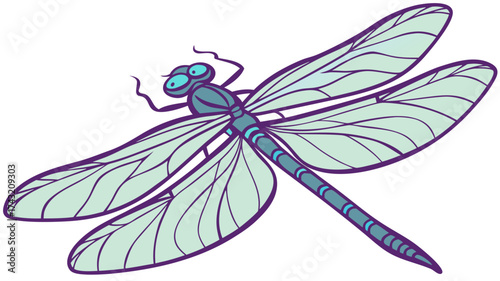 Dragonfly in Flight: An intricate, stylized illustration of a vibrant dragonfly in flight, its delicate wings spread against the clean canvas. A striking visual representation of nature's beauty.