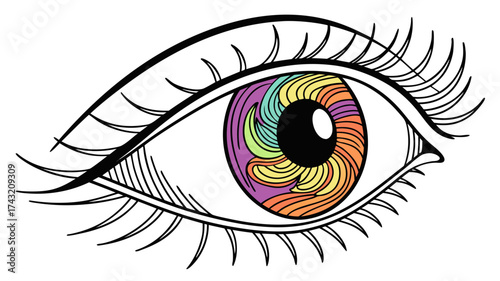 Colorful Iris: A vibrant illustration showcases a close-up view of an eye, featuring an iris bursting with an array of radiant colors, evoking a sense of creativity and perception.