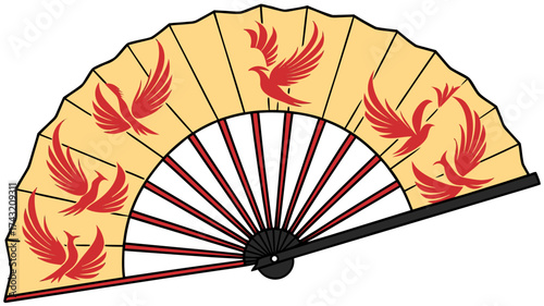 Ornate Fan with Bird Motif: A beautifully crafted, open fan displays a delicate bird motif, celebrating the artistry and elegance of this cultural artifact. 