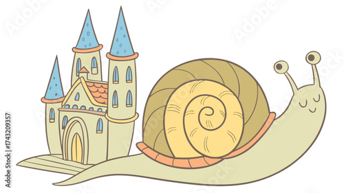 Whimsical snail with castle: A delightful illustration depicts a charming snail carrying a quaint castle on its back, creating a whimsical scene that sparks the imagination.