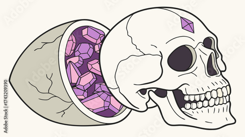 Conceptual Skull with Crystal: An illustration of a skull with a conceptual design, filled with shimmering crystals, symbolizing the profound concept.