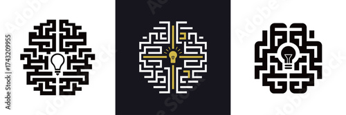 Three distinct maze designs incorporate light bulb motifs, representing ideas and knowledge. Each maze creatively varies in style and complexity, appealing to problem solvers.
