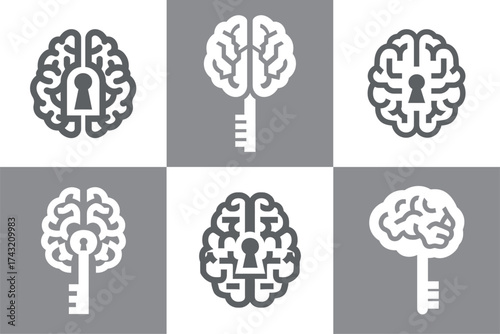 Various artistic depictions of brains featuring keys and locks illustrate the idea of intellectual exploration and unlocking one potential.