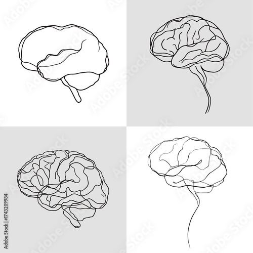 Four unique line drawings of a brain display various views and artistic interpretations, emphasizing the complexity of this vital organ against a plain backdrop.