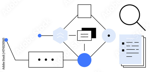 Interconnected geometric shapes, documents, and magnifier signify data analysis, workflow, research, connection, decision-making, organization and process design. Ideal for simple flat metaphor
