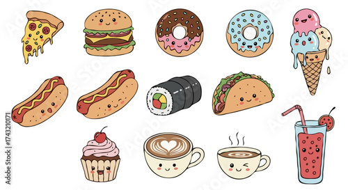 Cute cartoon food vector icon set - tasty snacks and drinks