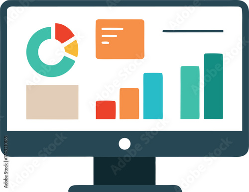 Scalable vector illustration of desktop monitor displaying business analytics charts and graphs eps format