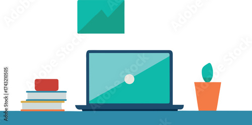 Scalable vector illustration of a laptop desk setup with books and plant