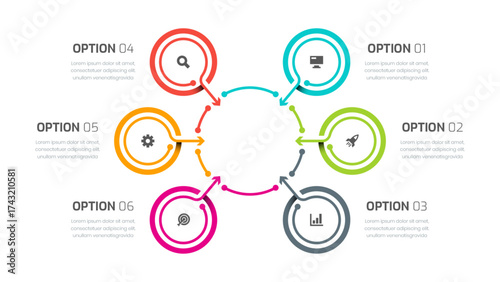 Business Central Circle Infographic with 6 Circle Lines and Icon, Suitable for Presentations, Process Diagram, Workflow.