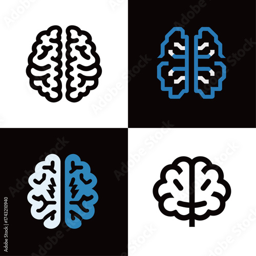 Four brain illustrations are displayed in contrasting colors. Each design explores unique shapes and elements on a black and white background, emphasizing creativity.