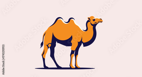 A stylized camel with two humps stands on a flat surface against a light pink background.