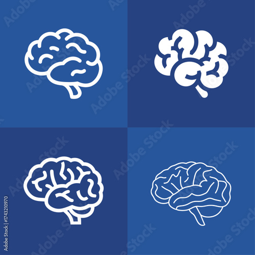 Four distinct brain illustrations displayed on a blue background, each featuring unique line designs and shapes. The images emphasize creativity in representing the human brain.