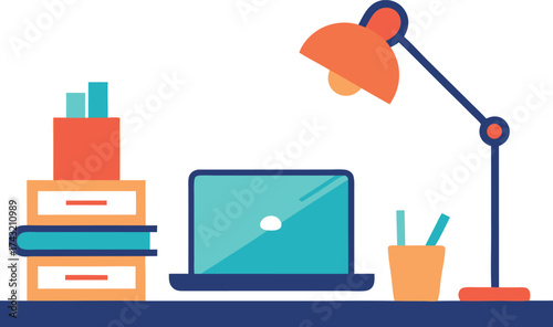 Modern vector office desk illustration with laptop books lamp and stationery