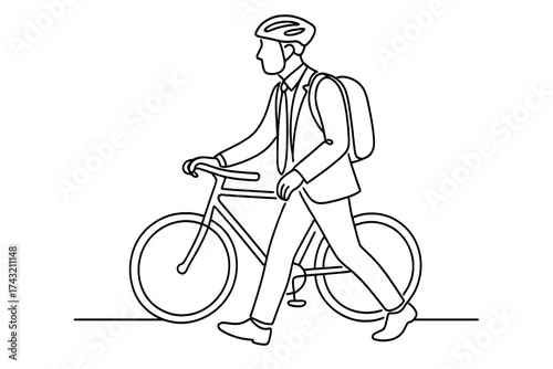 Businessman walking with bicycle in city, dressed in suit carrying backpack on a bright day