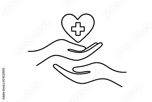 Helping hands symbolize care and health with a heart and cross in a simple line drawing design for wellness