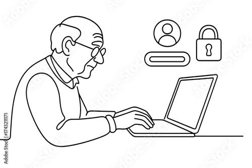 Older man working on a laptop while focusing on online security and user privacy measures