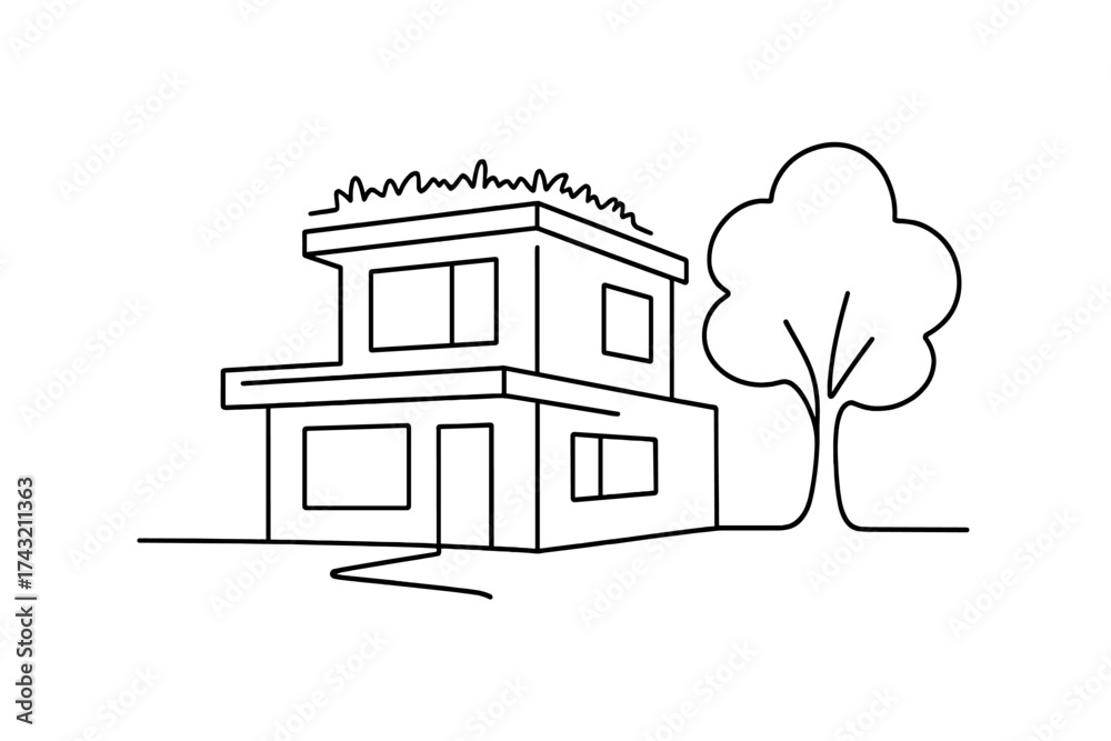 Fototapeta premium Modern house design with green roof and surrounding tree in a simple illustration