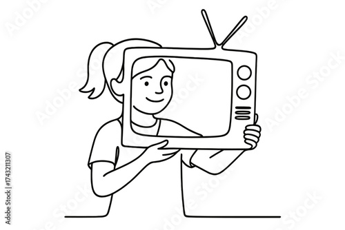 Child holding a vintage television frame while smiling in a playful setting at home on a sunny afternoon