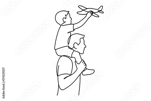 Father and son enjoy a playful moment with a toy airplane during a sunny day outdoors while creating lasting memories together