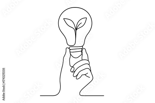 Creative concept of sustainability with a hand holding a light bulb featuring a green plant inside
