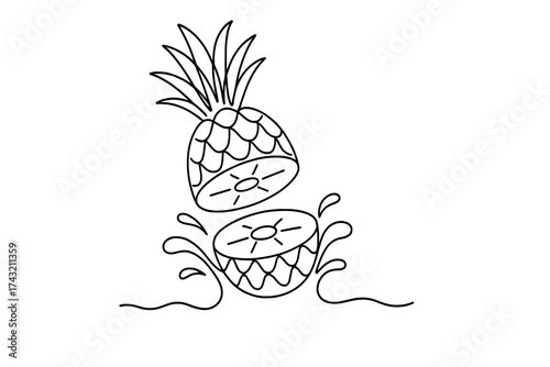 Pineapple splashing in water with sliced segments creating ripples in a playful scene