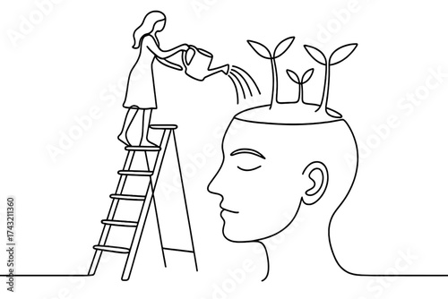 Concept of nurturing thoughts with water illustration showing growth of plants in human mind