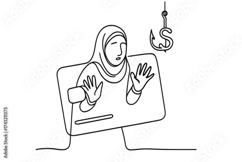 Creative illustration showing a woman in a hijab trapped inside a credit card being threatened by a fishing hook, symbolizing online fraud