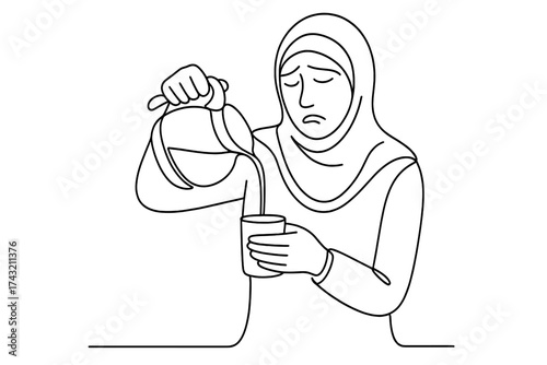 Woman in a headscarf pouring a drink into a glass while looking thoughtful or sad in a simple line drawing