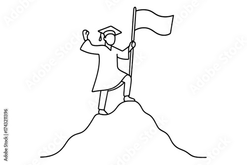 Graduation celebration with a student planting a flag at the top of a mountain during a bright day